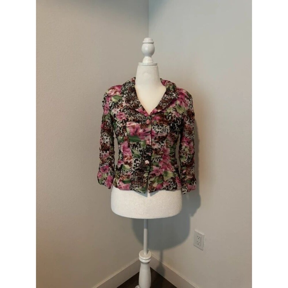 Michelle Antonelli Silk Floral Leopard Print Ruched Jacket Size 6 Y2K